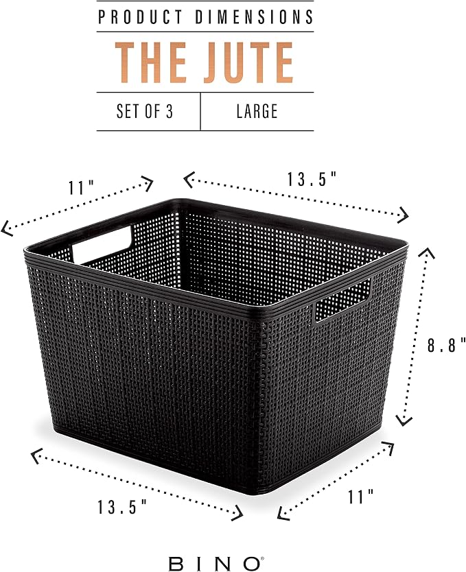 BINO | Woven Plastic Basket | Large (Black), 3-Pack | THE JUTE COLLECTION | Home Organization, Space - Saving Storage, Stylish Design | Jute Basket | Plastic Storage Basket - Image 3