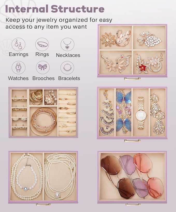 Enthralite Jewelry Box with 4 Drawers : Jewelry Display Organizer for Earrings Necklaces - Gift for Girls Women | Grey Purple - Image 4