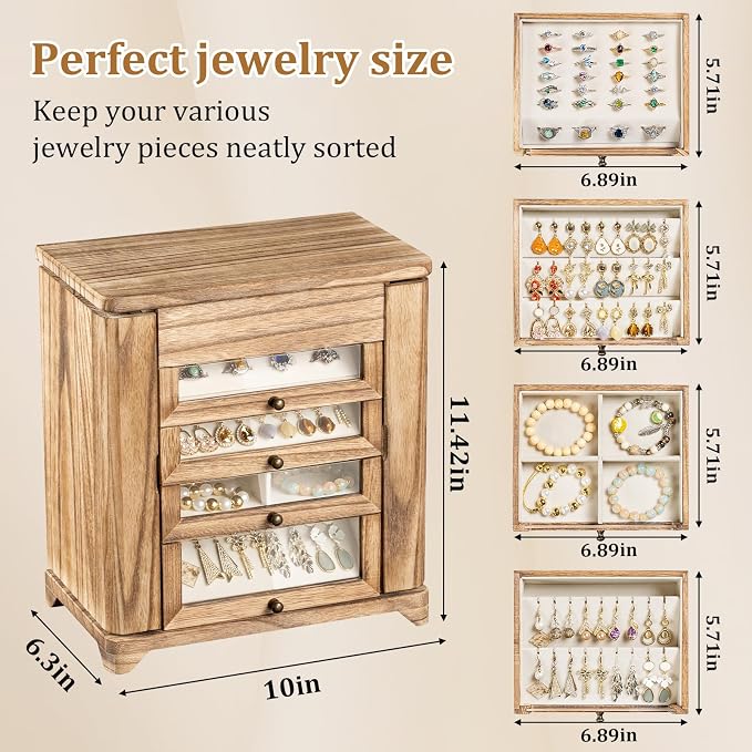 Large Jewelry Box & Organizer for Women, Wooden Jewelry Storage with 4 Transparent Drawers, Holds Necklaces, Rings, Bracelets, Earrings and Watches(Brown) - Image 3