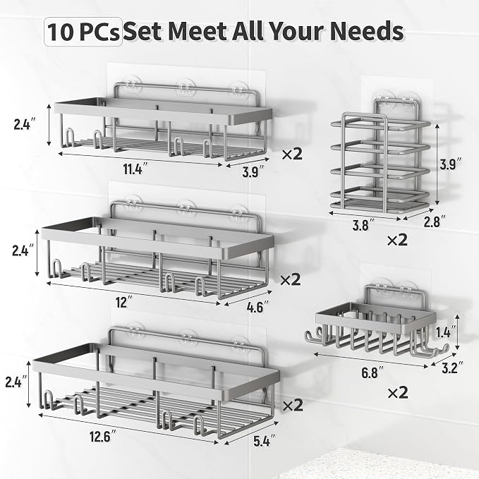 Liuoud 10 Pack Shower Caddy Organizer Rack Shelf for Inside Shower, Self Adhesive Wall Storage Basket Rustproof Stainless Steel Shampoo Holder Bathroom Accessory Decor Set, Grey - Image 2