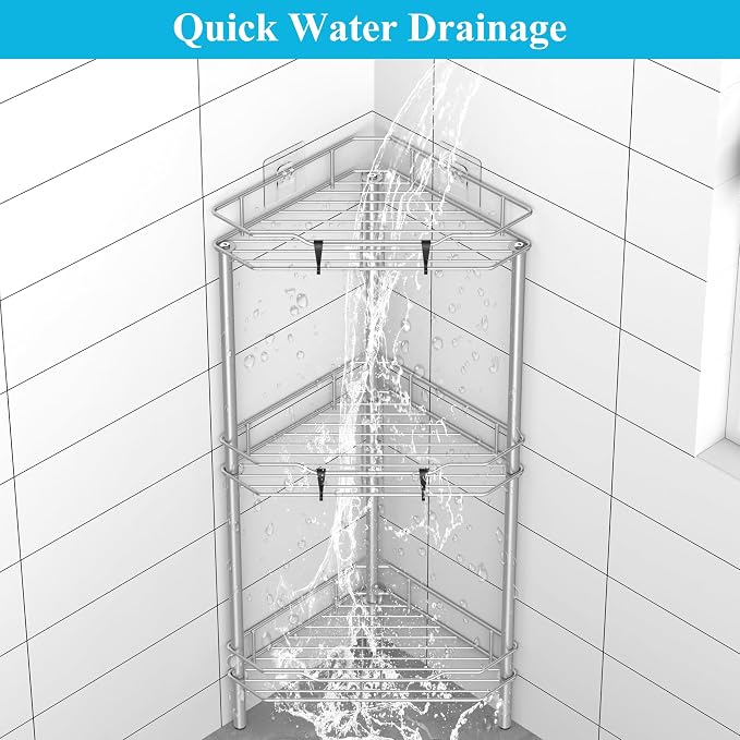 HuggieGems 3 Tier Floor Standing Corner Shower Caddy Organizer Shelf with Hooks, Bathroom Shelves Stand Rack, Gray - Image 6