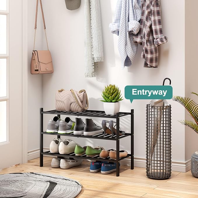 viewcare 3-Tier Black Bamboo Shoe Rack for Entryway, Stackable | Foldable | Natural, Shoe Shelf Storage Organizer for Hallway Closet, Free Standing Shoe Racks for Indoor Outdoor - Image 5
