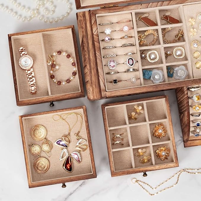 Poyilooo Jewelry Box Organizer, Solid Wood Jewelry Boxes for Women for Storage & Display Necklace Ring Earring Bracelet, Rustic Style Jewelry Organizer Box for Women Gifts (Carbonized Brown) - Image 4