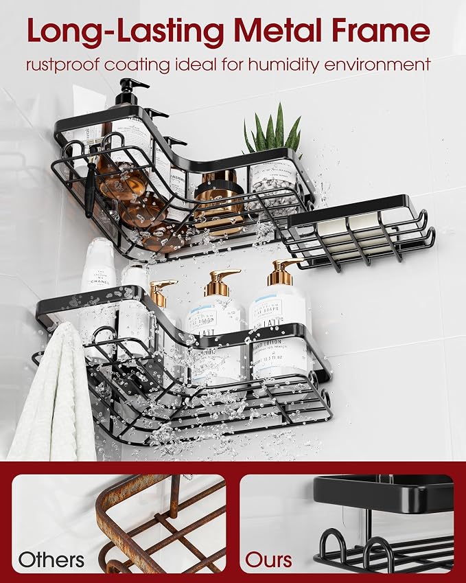 Sakugi Corner Shower Caddy - 3-Pack Shower Organizer with Soap Holder & Built-In Hooks, Rustproof Metal Shower Shelves, Laundry, Kitchen, Bathroom Organizers and Storage Solution, Large, Black - Image 4