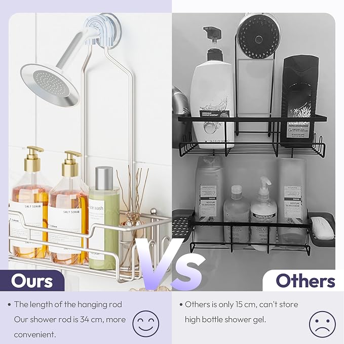 SWTYMIKI Bathroom Shower Caddy Hanging - Extended Length 2 Tier Rustproof Over Shower Head Organizer, No Drilling Bathroom Shelf with 14 Hooks & Soap Holder, Anti-Swing Rack, Sand Nickel - Image 3