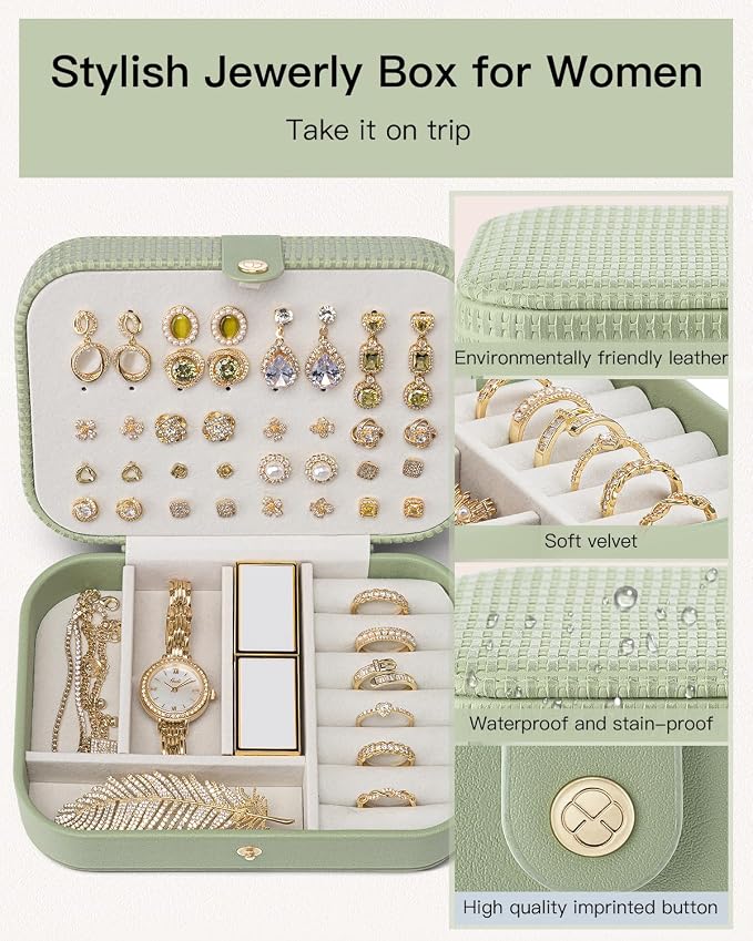 VLANDO Travel Jewelry Case, PU Leather Travel Jewelry Box with Earring Holder, Portable Display Small Jewelry Box for Mothers Day Women Girls Gift - Green - Image 5