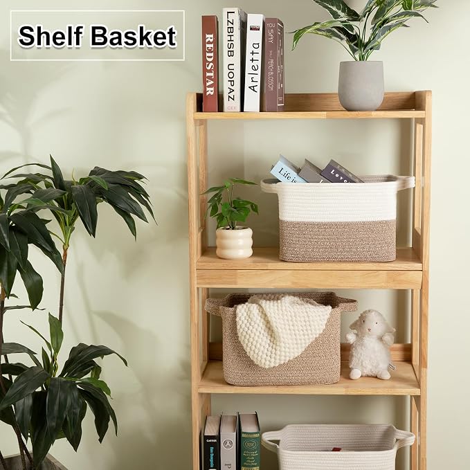 OIAHOMY Woven Storage Basket for Shelves, Rectangle Cotton Rope Baskets for Organizing, 13 x 10 x 9 in, Storage Bins for Dog Toys,Towel,Books,Gift,Flax Brown and White - Image 2