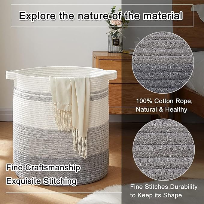 OIAHOMY 100L Laundry Hamper - Storage Basket with Handles, Decorative Woven Basket for Living Room, Toys Bin, Pillows, Blankets, Clothes - 19x21in - Gradient Gray - Image 5