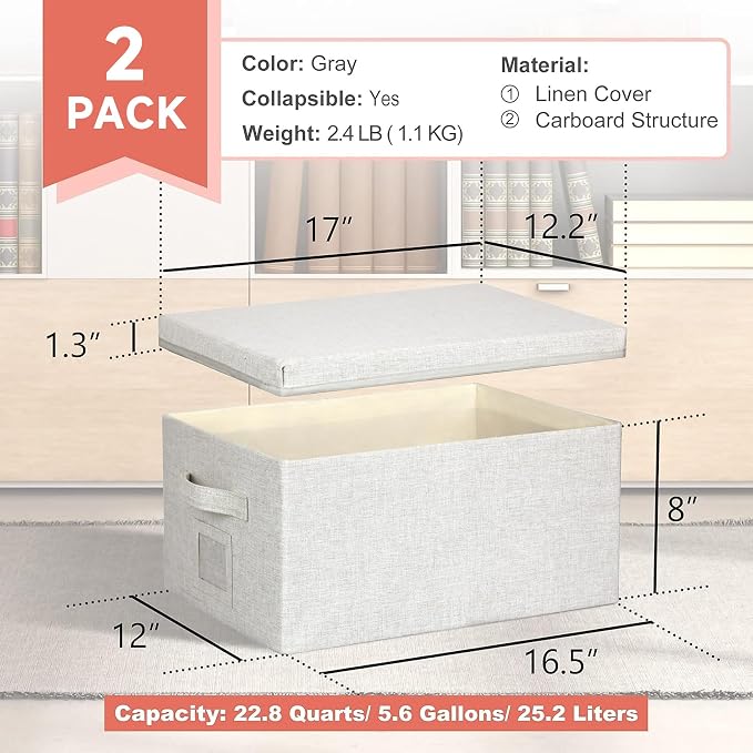 Large 17''x12'' Quart Collapsible Stackable Storage Bins with Lids, 2 Packs Off White Fabric Closet Boxes with Lids, Storage Cube Baskets Container Organizers for Bedroom Office(17''x12.2x''8'') - Image 2