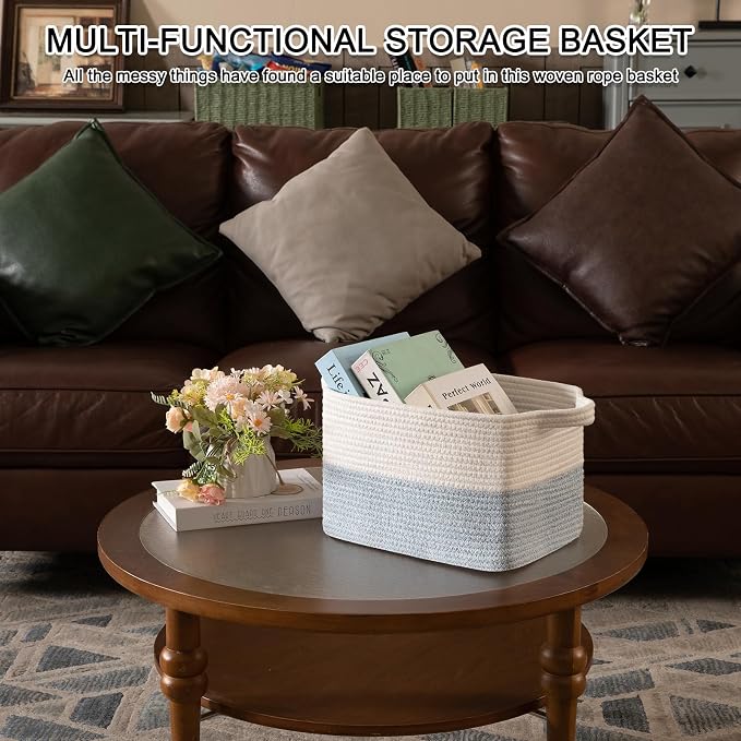 OIAHOMY Woven Storage Basket for Shelves, Rectangle Cotton Rope Baskets for Organizing, 13 x 10 x 9 in, Storage Bins for Dog Toys,Towel,Books,Gift,Blue and White - Image 6