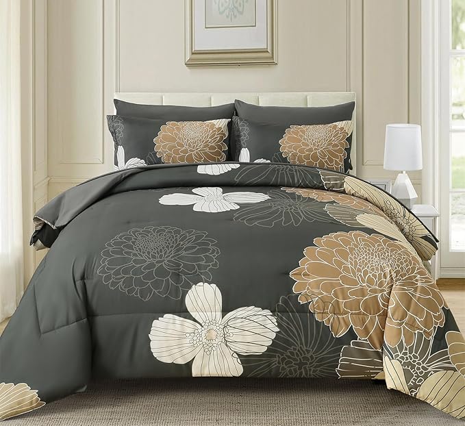 Yiran King Khaki Grey Brown Boho Comforter Set - 7 Pieces Floral Bedding Sets,Bed in a Bag Soft Microfiber Comforter with Flat Sheet Fitted Sheet Pillowshams Pillowcases