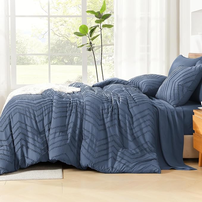 Litanika Twin XL Comforter Set Ocean Blue - Boho Tufted Shabby Chic Bed in a Bag for College Dorm, 5 Pieces Fluffy Soft Farmhouse Bed Set for All Seasons
