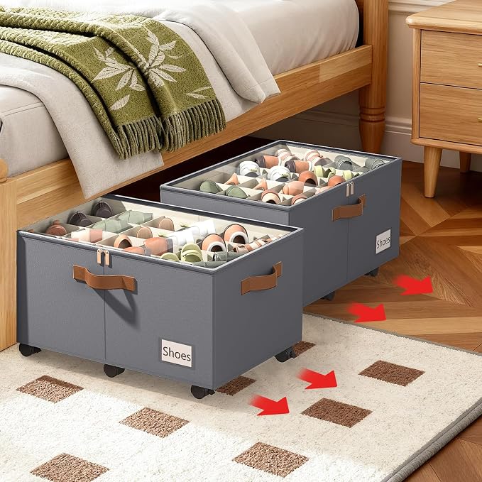 Foyego Shoe Organizer for Closet, Shoe Storage Organizer with Wheels and Adjustable Dividers, Stackable Shoe Storage Box with Clear Cover, Foldable Closet Shoe Organizer Fits up to 24-48 Pairs, Gray - Image 7