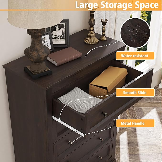 KIGOTY Farmhouse Bedroom Set, 3 Pcs Dresser and Nightstand Sets, 5 Drawer Dresser & 2 Drawer Nightstand Set with Charging Station,Rustic Wood Bedroom Furniture Set for Home,Brown