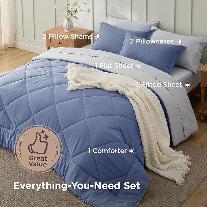 Bedsure Queen Comforter Set - 7 Pieces Reversible Infinity Blue Bedding, Queen Size Bed Set for All Seasons, Bed in a Bag with Down Alternative Comforter, Sheets, Pillowcases & Shams