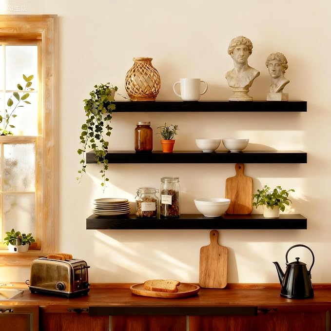 ROGMARS Black Wooden Floating Shelves for Wall 36 Inches Long,Rustic Solid Wood Farmhouse Wall Shelves with Invisible Brackets for Bathroom, Living Room, Bedroom, Kitchen Set of 3 by 100RealSolidWood