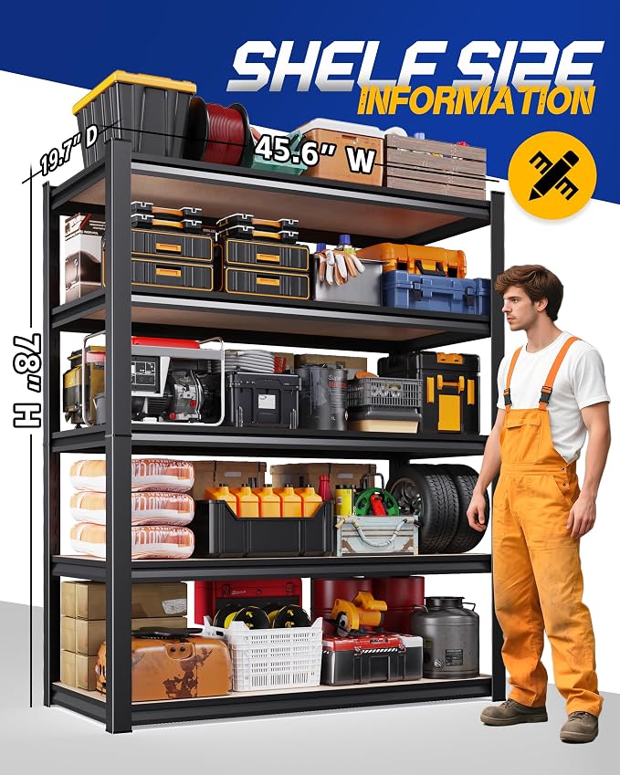 Set of 2 Storage Shelves, 5-Tier Garage Shelving Heavy Duty, Home Storage Rack, Utility Metal Shelf, Adjustable Shelving Unit, for Dorm, Basement, Kitchen,19.7" D x 45.6" W x 78" H, Black - Image 3