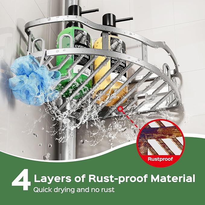 HAMITOR Shower Caddy Tension Pole: Rustproof Quick Install Corner Bathroom Organizer Shelf on Floor for Renters - 4-Tier Large Capacity Storage Rack with Soap Holder for Apartment -47-121 Inch/Silver - Image 2