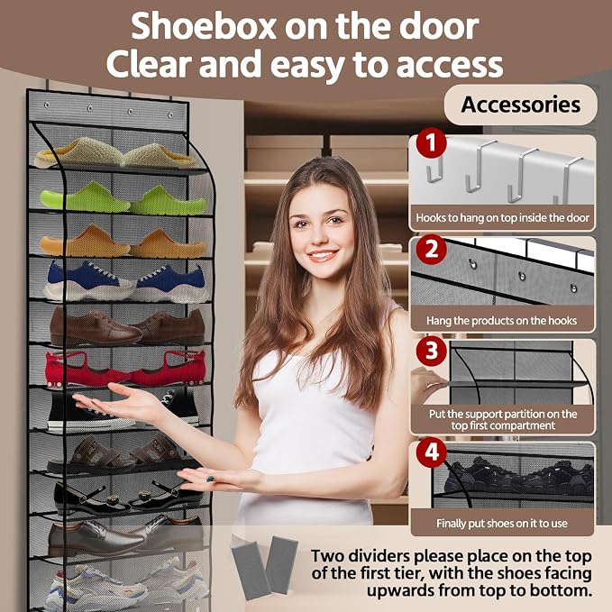 PAULONE 12 Pocket Over the Door Shoe Organizer,Reusable Breathable Large Mesh Bag Men's & Women's Sneaker Organizer,Shoe Organizer for Kids,Hanging Shoe Storage Hanging Bag (Grey) - Image 4