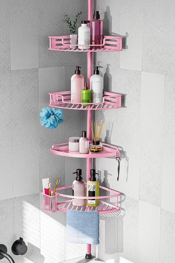 HAMITOR Corner Shower Caddy Tension Pole: Quick Installation 4-Tier Rustproof Bathroom Organizer Shelves for Bathtub Shampoo Storage - 47-121 inch Adjustable Floor Standing Bath Rack Holder - Pink by HAMITOR