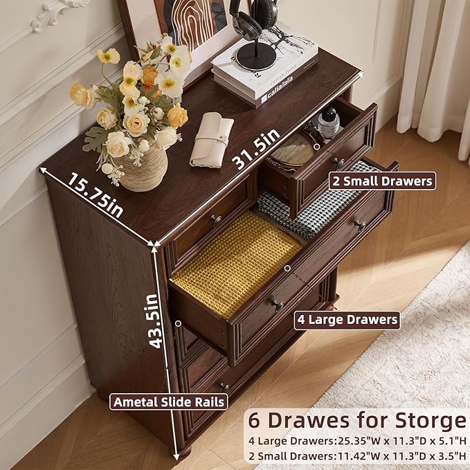 RWYHG Farmhouse 6 Drawer Dresser, Chest of Drawers for Bedroom, 43.5" Tall Walnut Kids Dresser with Roman Column and Metal Handles, Storage Dressers Organizer for Living Room, Hallway, Closet