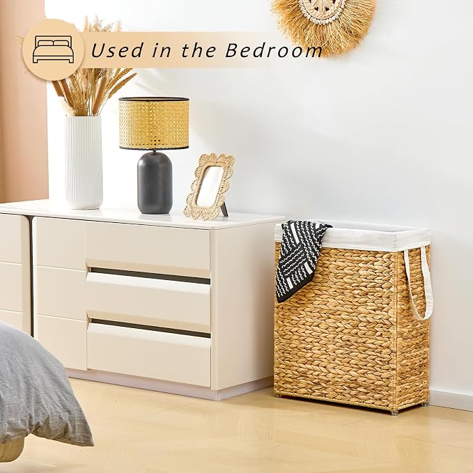 Handwoven Slim Laundry Hamper, 75L Narrow Laundry Basket, Natural Water Hyacinth Basket and Handles and Removable Liner Bag & 2 Mesh Bags (Natural, 75L) - Image 4