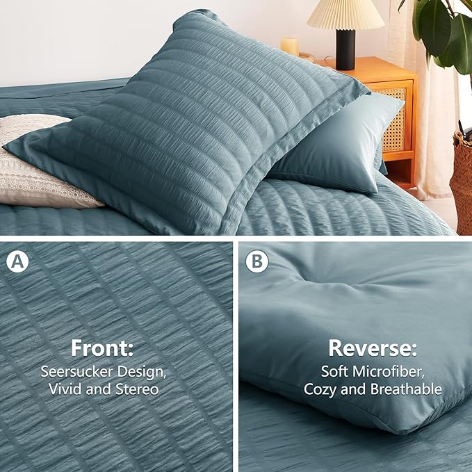 CozyLux King Size Comforter Set Mineral Blue Seersucker 7 Pieces Bed in a Bag King Comforter Set with Sheets, Luxury Soft Bedding Sets with Down Alternative Comforter, Sheets, Pillowcases & Shams