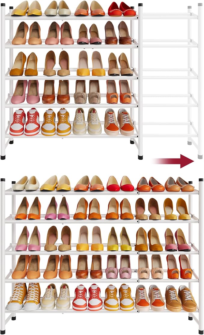 Tajsoon Expandable Shoe Rack for Closet 5 Tier, 29“-41“Adjustable & Stackable Shoe Shelf Storage, Metal Shoe Rack Organizer for Front Door Entrance, Closet, Garage, Entryway, White by Tajsoon