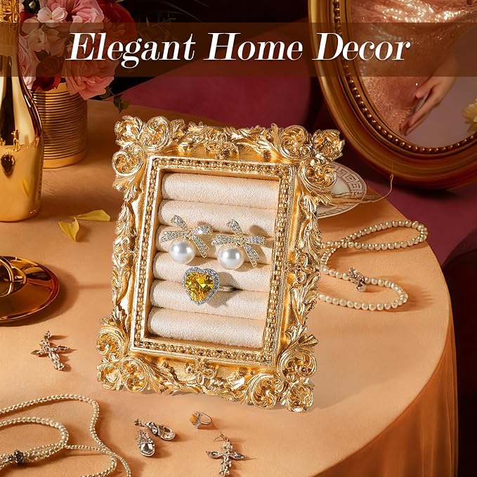 Vintage Ring Holder Rectangle Gold Velvet Display Stand - Baroque Jewelry Organizer Box Tray for Wedding Engagement Anniversary Women Birthday Christmas Gift Photograph Prop (MPF05-Gold White) - Image 4