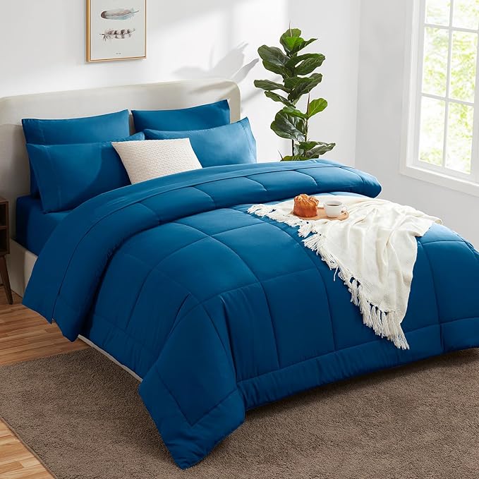 CozyLux Queen Comforter Set Teal, 7 Pieces Bed in a Bag, Teal Comforters Queen Size, All Season Bedding Sets with Stitch Quilted Comforter, Flat Sheet, Fitted Sheet, Pillowcases