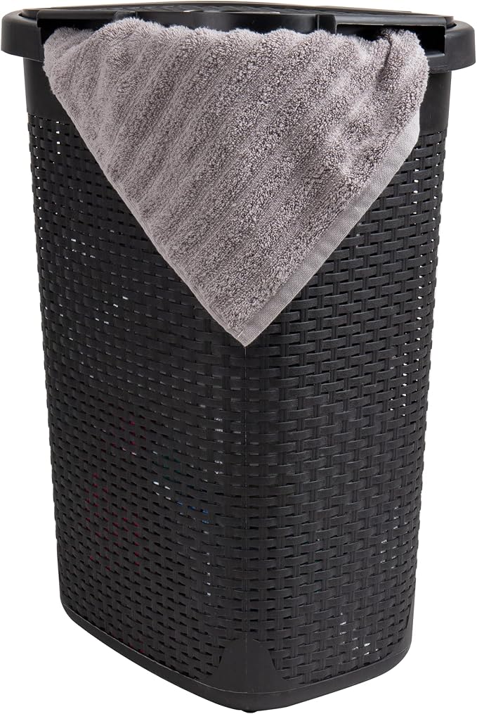 Mind Reader 60L Slim Laundry Hamper, Clothes Basket, Lid, Wicker Design, Plastic, 17.65"L x 13.75"W x 24.15"H, Black by MindReader