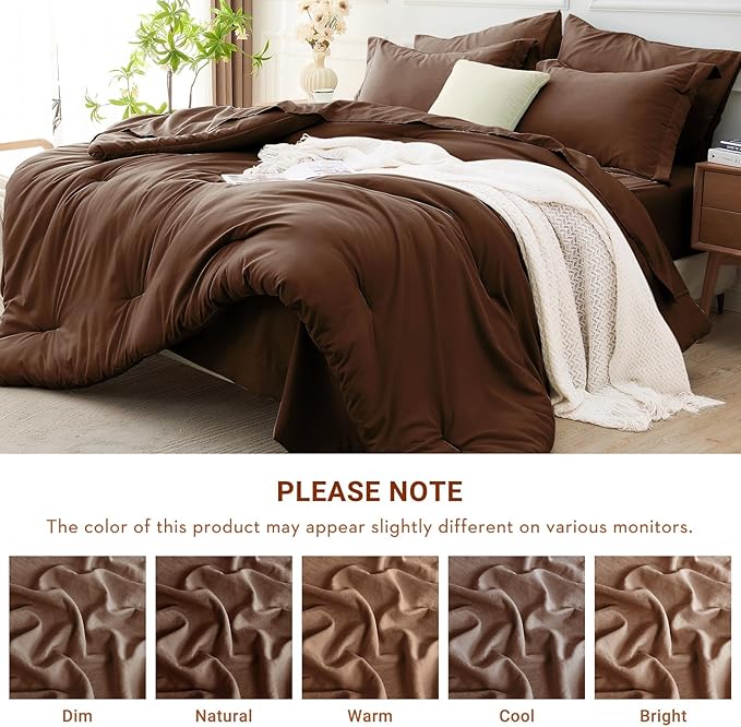 MUXHOMO 7 Pieces King Comforter Set, Soft Bed in a Bag King Size, All Season Bedding Set with Comforter, Flat Sheet, Fitted Sheet, Pillowcases & Shams, Brown