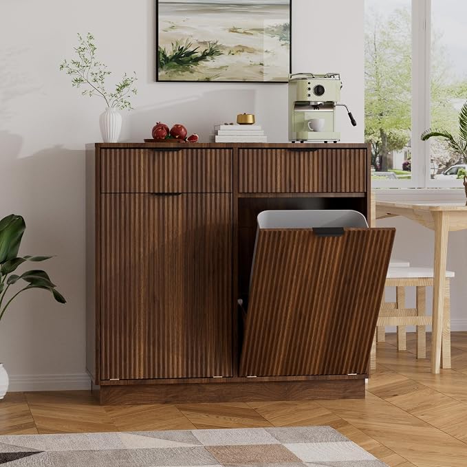 Double Tilt-Out Trash Cabinet, Laundry Hamper Cabinet with 2 Drawers, 39.4W x 34.3H x 13.8D inches, Walnut, Wave-Textured Front. - Image 2