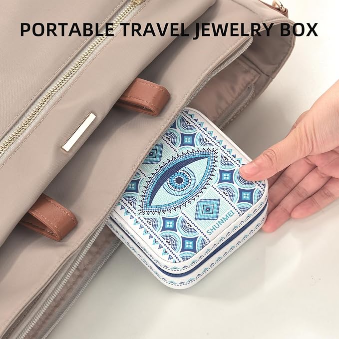 shunmei Mini Travel Jewelry Box,PU Leather Portable Jewelry Organizer Case,Art Accessories Storage Holder Boxes for Earring, Necklace, Rings, Bracelets (White Eyes) - Image 2