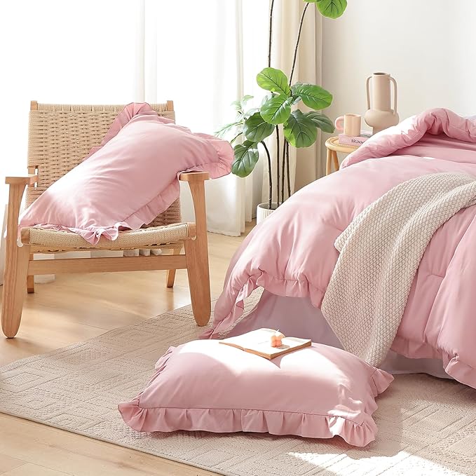 JANZAA King Comforter Set Baby Pink Ruffle Comforter with 2 Pillowcase Soft King Size Bed Set Vintage Farmhouse Bed Comforter Set Fluffy Shabby Chic Bedding for All Season