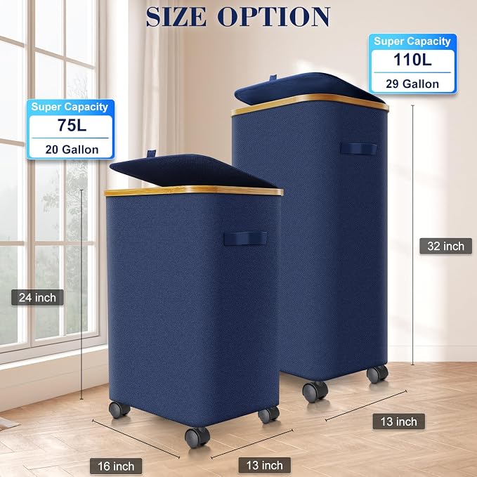 Laundry Hamper with Wheels,20 Gal (75L) Laundry Basket with lid Rolling Clothes Hamper Foldable Dirty Clothes Basket on wheels with Bamboo Frame and Bag for Bedroom, Dorm, Laundry Room-Blue - Image 7