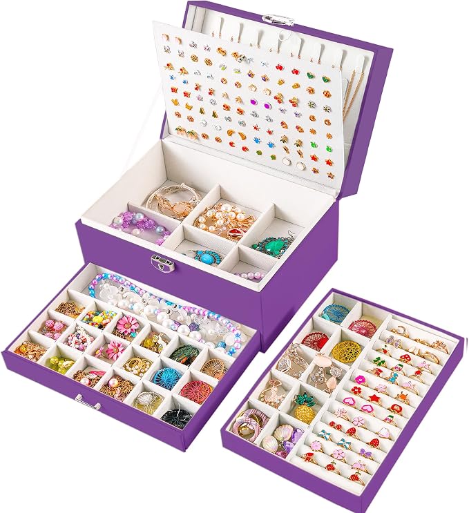 QBestry Earrings Jewelry Box for Girls, 5 Layers Jewelry Organizer with Earring Holder Organizer for Girls Earring Organizer Jewelry Boxes for Women Earrings and Necklaces Jewelry Box Organizer Purple by QBestry