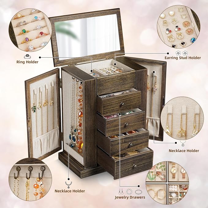 Emfogo Jewelry Box for Women, 5 Layer Large Wood Jewelry Boxes & Organizers for Necklaces Earrings Rings Bracelets, Rustic Jewelry Organizer Box with Rattan, Drawers and Mirror(Vintage) - Image 3