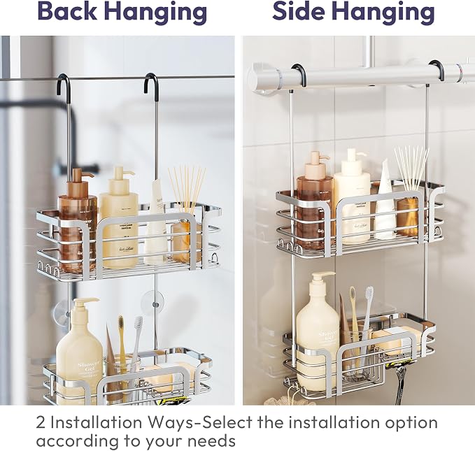 SWTYMIKI Shower Caddy Hanging Organizer - Over the Door Shower Caddy with Soap Holder, 11 Hooks, 2 Installation Ways, Stainless Steel Rustproof Bathroom Organizer, Silver - Image 3