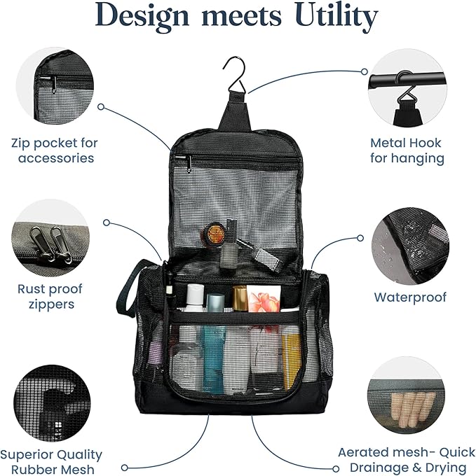 The Fine Living Portable Latex Mesh Shower Caddy Tote Bag, Gym Shower Caddy Hanging Organizer with Metal Hook, Dorm Room Essentials, Travel Toiletries, Camping RV Essentials, Black 12”x3”x8” - Image 3