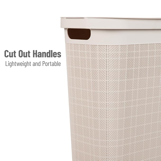 Mind Reader Slim Laundry Hamper with Lid, 40L Clothes Basket, Linen Design, Plastic, Ivory - Image 4
