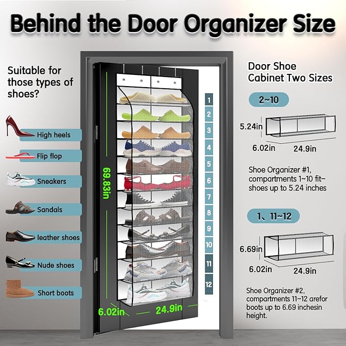 Kotkn Over The Door Shoe Organizer with 12 Large Breathable Pockets - Durable Hanging Storage for the Entire Family's Shoes (White) - Image 2
