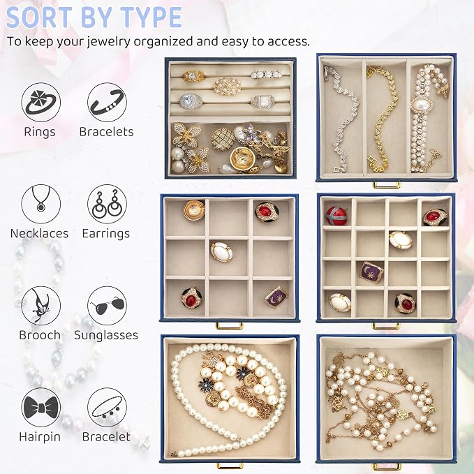 AKOZLIN Jewelry Box Organizer Functional Leather Jewelry Storage Case for Women Girls Ring Necklace Earring Bracelet Holder Organizer with Mirror Blue - Image 5