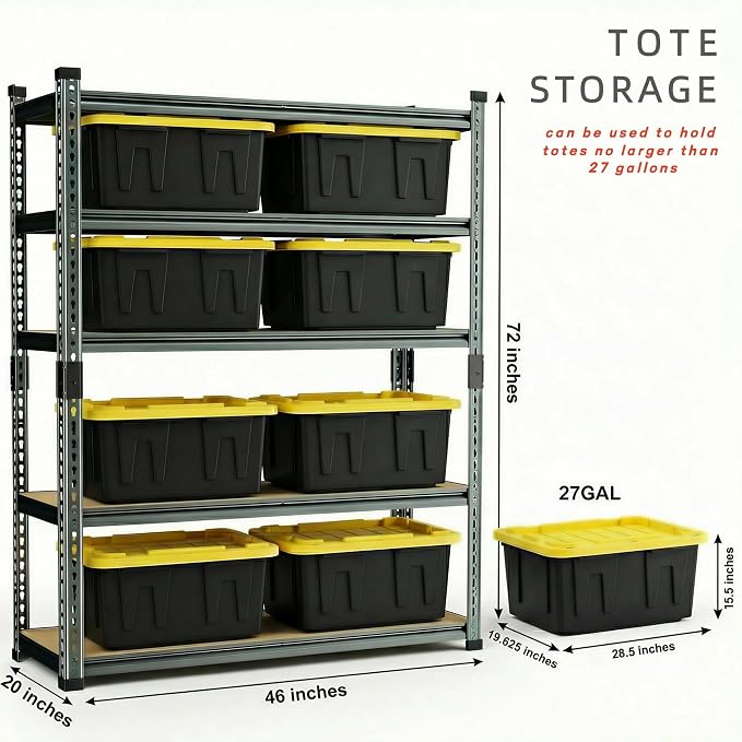 Garage Shelving Heavy Duty, 3000LBS Metal Storage Shelves 5 Tier, Adjustable Shelving Unit 46" W x 20" D x 72" H, Boltless Garage Storage Rack for Garage Basement, Pantry, Warehouse 1Pcs - Image 3
