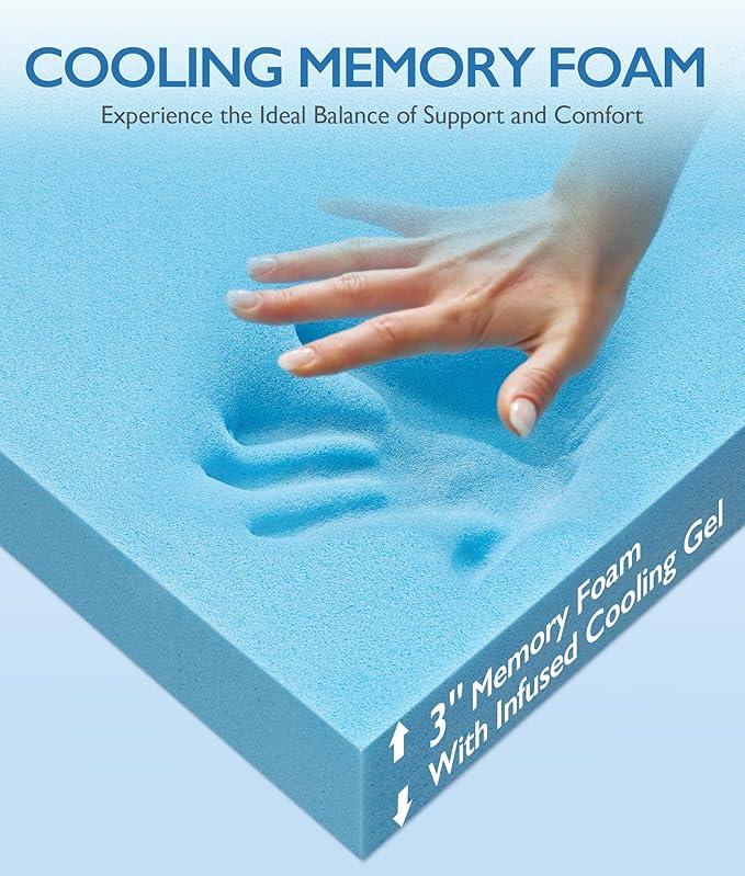 SINWEEK 3 Inch Twin Cooling Memory Foam Mattress Topper for Pressure Relief, Thick Bed Mattress Pad with Cooling Soft Cover and Adjustable Straps, CertiPUR-US Certified