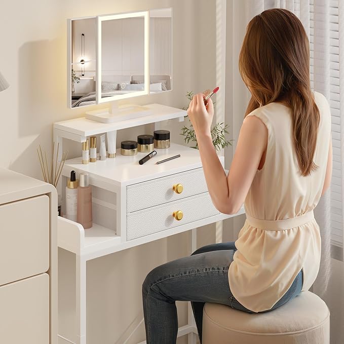 HIGDBFE Vanity Desk with Mirror and Lights, 28.4''W Small Makeup Vanity Table with Height-Adjustable Stand, 2 Fabric Drawers Compact Makeup Desk, Gift for Girls, Bedroom Small Space, White