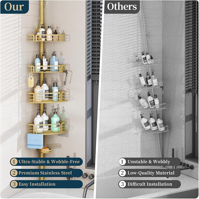 Consumest Corner Shower Caddy Tension Pole - Rustproof Shower Shelves with Towel Bar & Soap Holder, Adjustable Bath Organizer for Bathroom Storage, 27.6-108.3 inch, Gold - Image 2