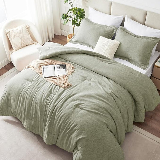 CozyLux King Size Comforter Set - 3 Pieces Olive Green Soft Luxury Cationic Dyeing Bedding Comforter for All Season, Breathable Lightweight Fluffy Boho Bed Sets with 1 Comforter and 2 Pillow Shams