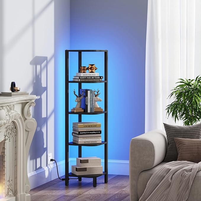 TUTOTAK Corner Shelf with LED Light, 5-Tier Corner Bookshelf for Small Space, Narrow Display Corner Shelf Stand with Storage Rack, for Living Room, Bedroom, Black BS08BK005L - Image 8