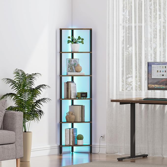 TUTOTAK Corner Shelf with LED Light, 6-Tier Corner Bookshelf for Small Space, Narrow Display Corner Shelf Stand with Storage Rack, for Living Room, Bedroom, Rustic Brown BS05BB006L - Image 8